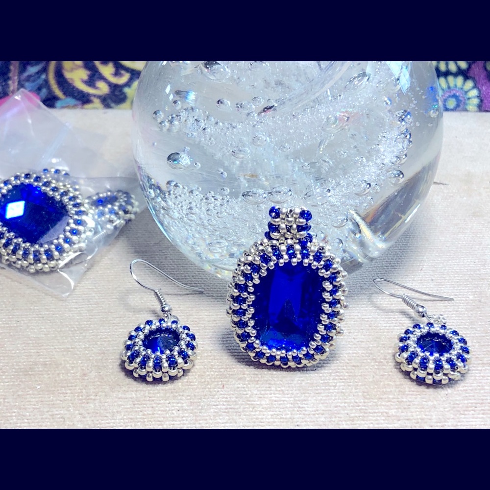 Sapphire and silver pendant and earrings set